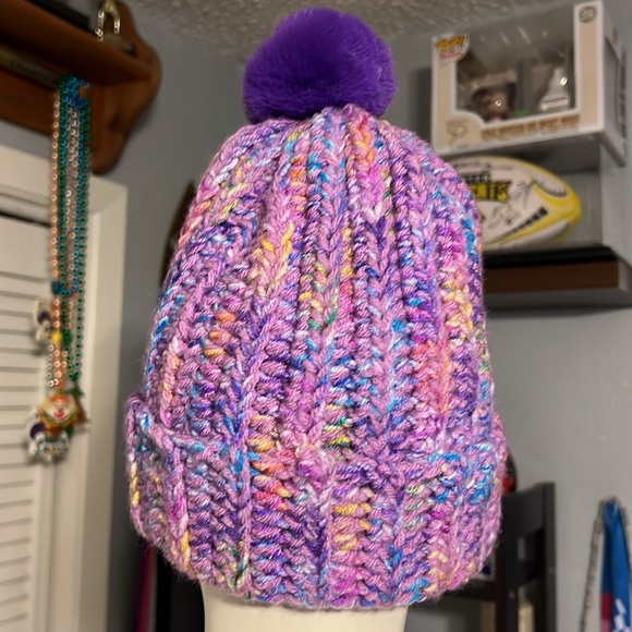 Handmade knitted Hat very cute Purple with a Pom Pom on Top - Picture 8 of 9